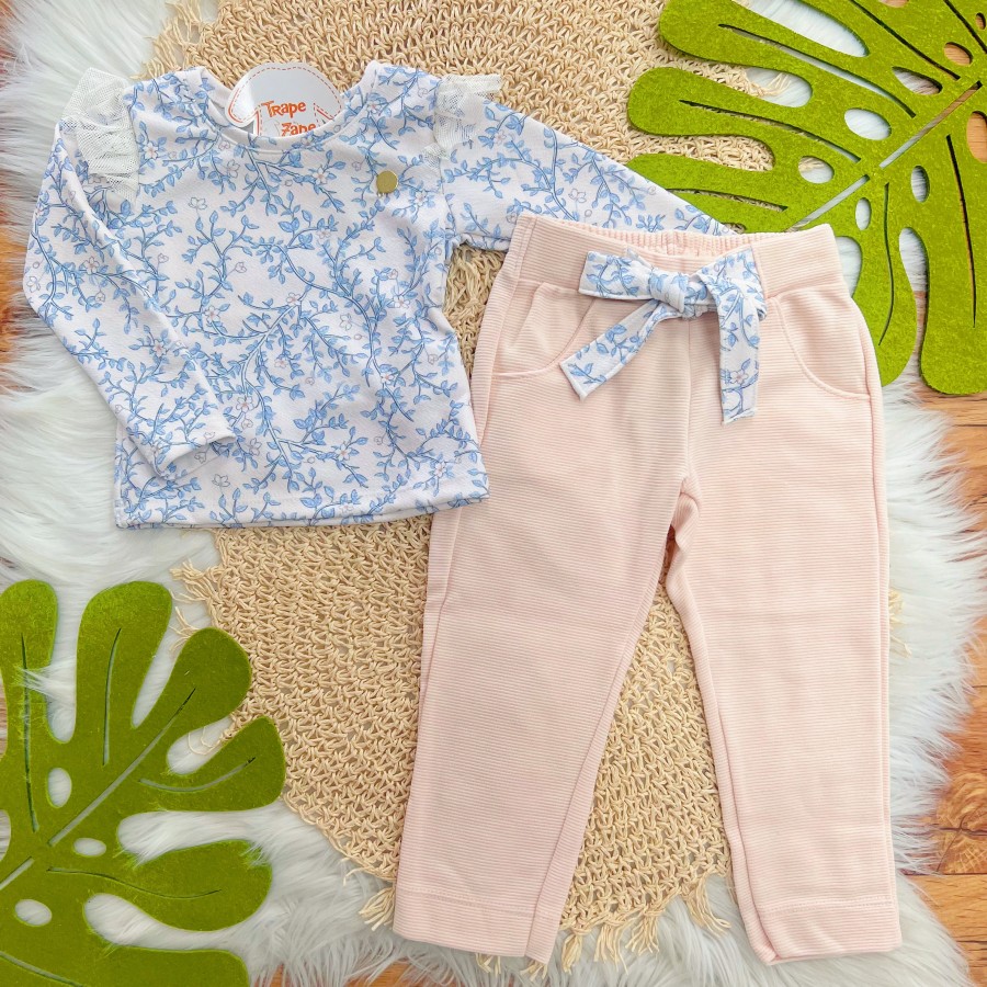 Conj. Blusa Manga Longa Floral e Calça Anarruga - Azul